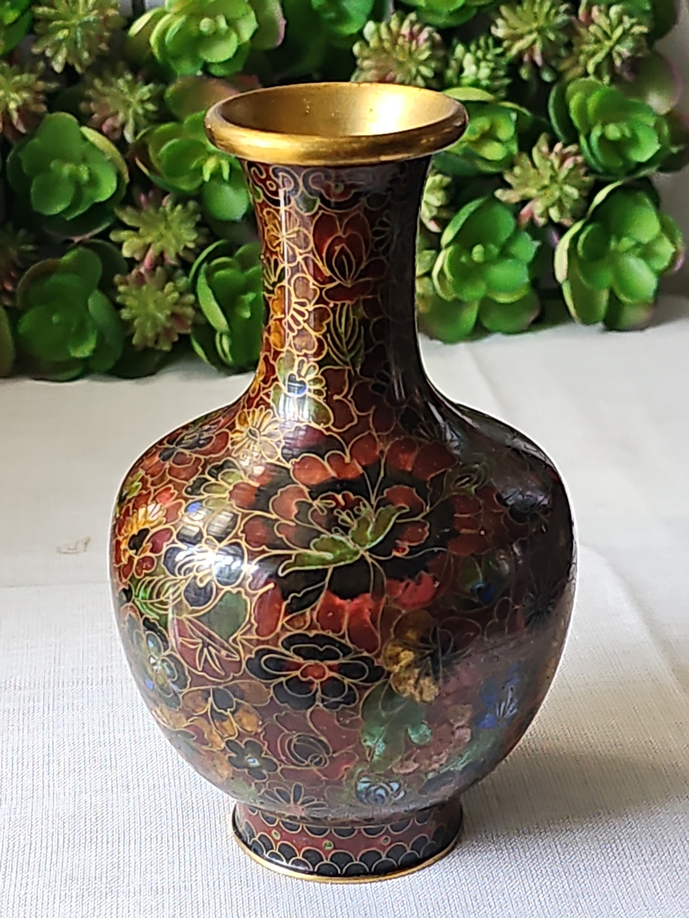 Vintage Decorative Brown, Red and Gold Floral Cloisonné 6" Vase